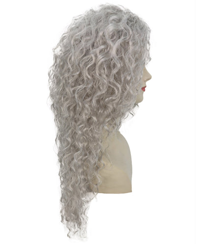 HPO Women’s 27 Inch Long Curly Silver Grey Mermaid Wig | Fantasy Wig for Halloween Parties Breathable Cap