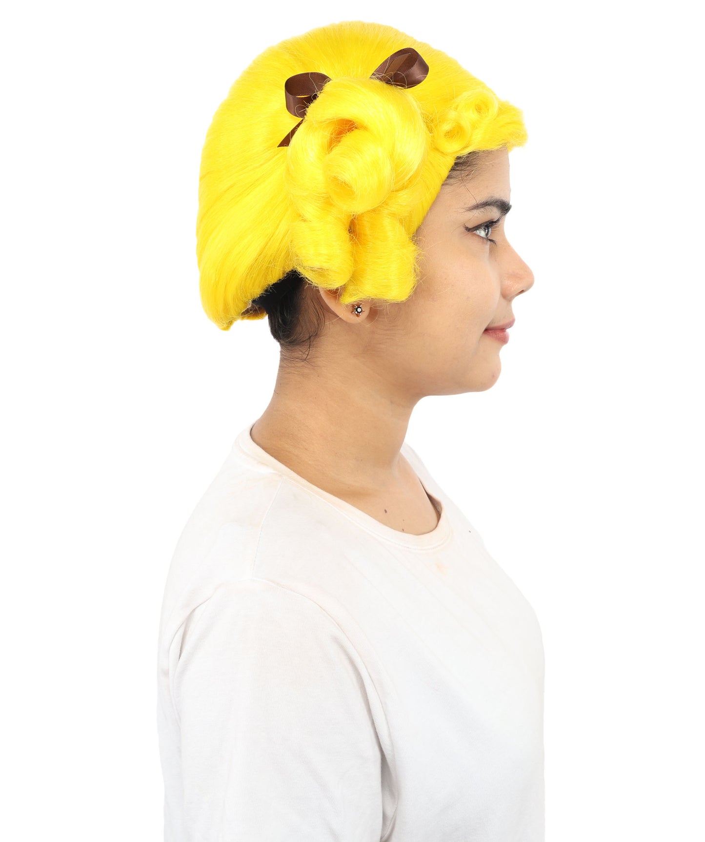 HPO Women's Golden White Mixed Curly Pigtail Wig | Messy Ringlet Twin Tails with Attached Fabric Ribbons, Synthetic Fiber & Breathable Cap | Halloween, Movie Character Roleplay, Costume Party & Theater