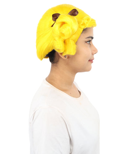 HPO Women's Golden White Mixed Curly Pigtail Wig | Messy Ringlet Twin Tails with Attached Fabric Ribbons, Synthetic Fiber & Breathable Cap | Halloween, Movie Character Roleplay, Costume Party & Theater
