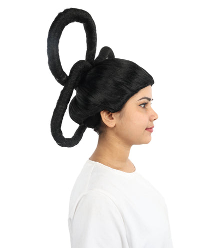 HPO Women's Black Double Loop Buns Wig | Synthetic Updo Hairstyle with Adjustable Cap for Cosplay, Festivals, Stage Performances,  Parties & Photoshoots