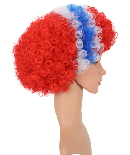HPO Norway Clown Wig – Red, White & Blue Flag Afro Style | Fun Costume Wig for Sports Fans, National Day, Parties