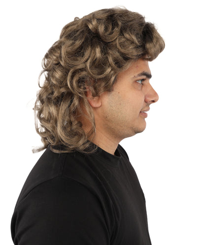 HPO Men’s 80s Light Brown Curly Mullet Wig | Flame-retardant Synthetic Fiber | Retro Movie Character Inspired Hairpiece for Cosplay & Halloween