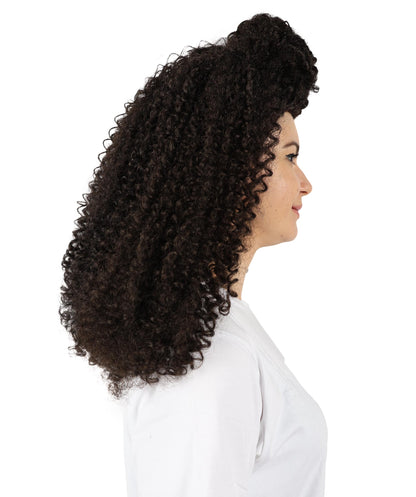 HPO Adult Women’s Voluminous Medium Brown Curly Half-Up Wig | Halloween and Cosplay Wig | Flame-retardant Synthetic Fiber