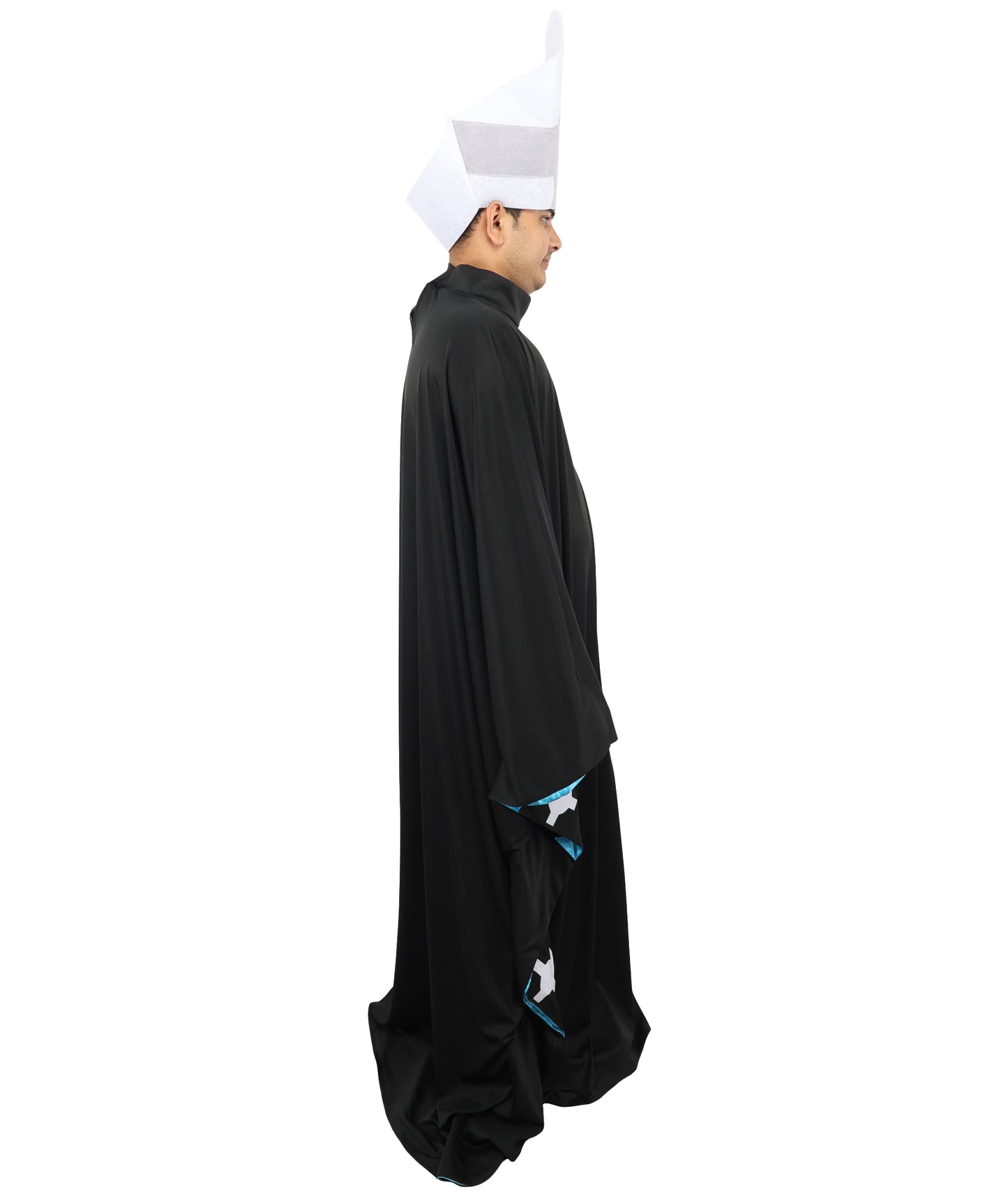 HPO Men's Satanic Pope Costume | Ghostly Grim Clergy Black Robe Teal Satin Lining Inverted Cross Mitre Hat | Halloween Dark Metal Rock Cosplay Stage Performance Wardrobe Piece