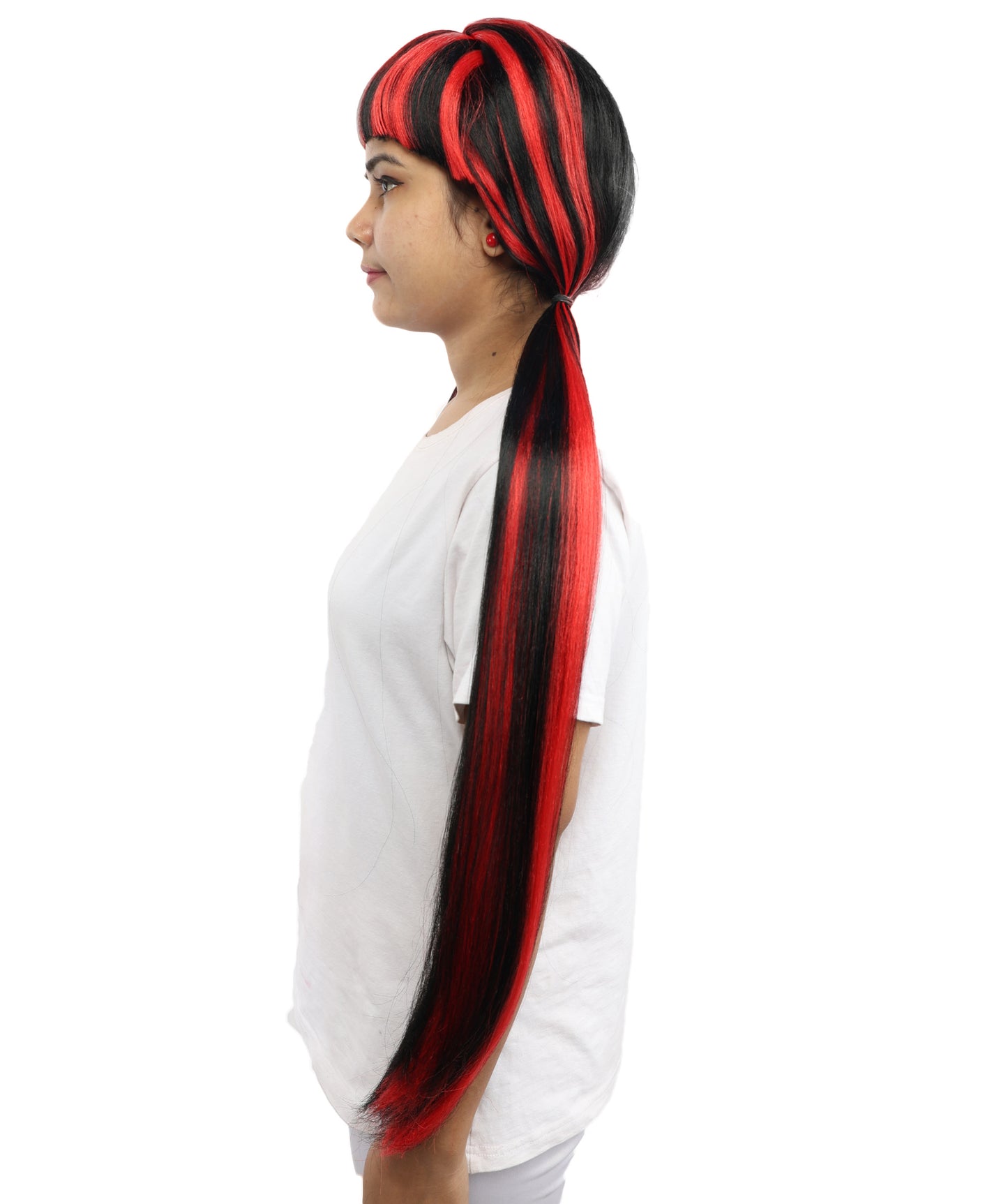 HPO Women's Gothic Harlequin Extra Long Wig | Heat Resistant Fiber Featuring Bold Crimson and Onyx Stripes with Curved Ends | Halloween Costume Events and Performance Art