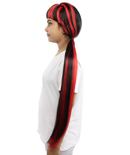 HPO Women's Gothic Harlequin Extra Long Wig | Heat Resistant Fiber Featuring Bold Crimson and Onyx Stripes with Curved Ends | Halloween Costume Events and Performance Art