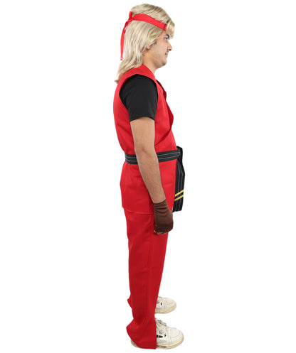 HPO Men Martial Arts Fighter Outfit | Red Gi Costume with Belt, Headband & Gloves, Body | Video Game Fighter costume For Cosplay & Themed Battle Events