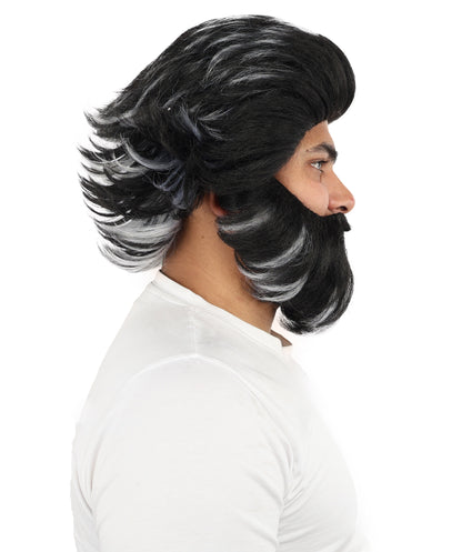 HPO Men’s Medium Length Black & White Wig and Beard Set – 11 Inch Synthetic Hairpiece with Capless Cap Design | Ideal for Halloween , Stage & Costume Use