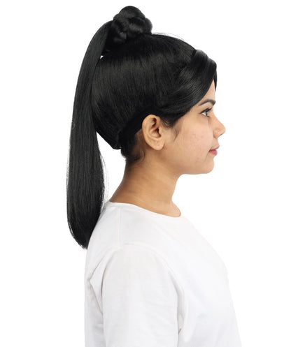 HPO Women's Warrior Bun Wig | Sleek Black Texture Intricate Top Knot 16 Inch Length | Party Halloween Cosplay Theater Drag Performance Costume Events