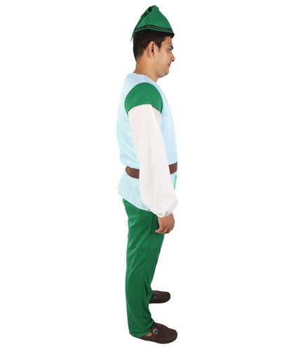 HPO  Men's Fairytale Dwarf Costume | Woodland Gnome Light Blue Vest Top Green Pants Set Pointed Hat Fake Beard | Halloween Cosplay Theater Drag Performance Costume Events