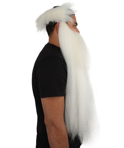 HPO Men's Elder Mage Wig & Beard Set | Long White Hair with Matching Mustache, Beard & Sideburns | Synthetic Wig for Cosplay, Halloween, Stage & Roleplay