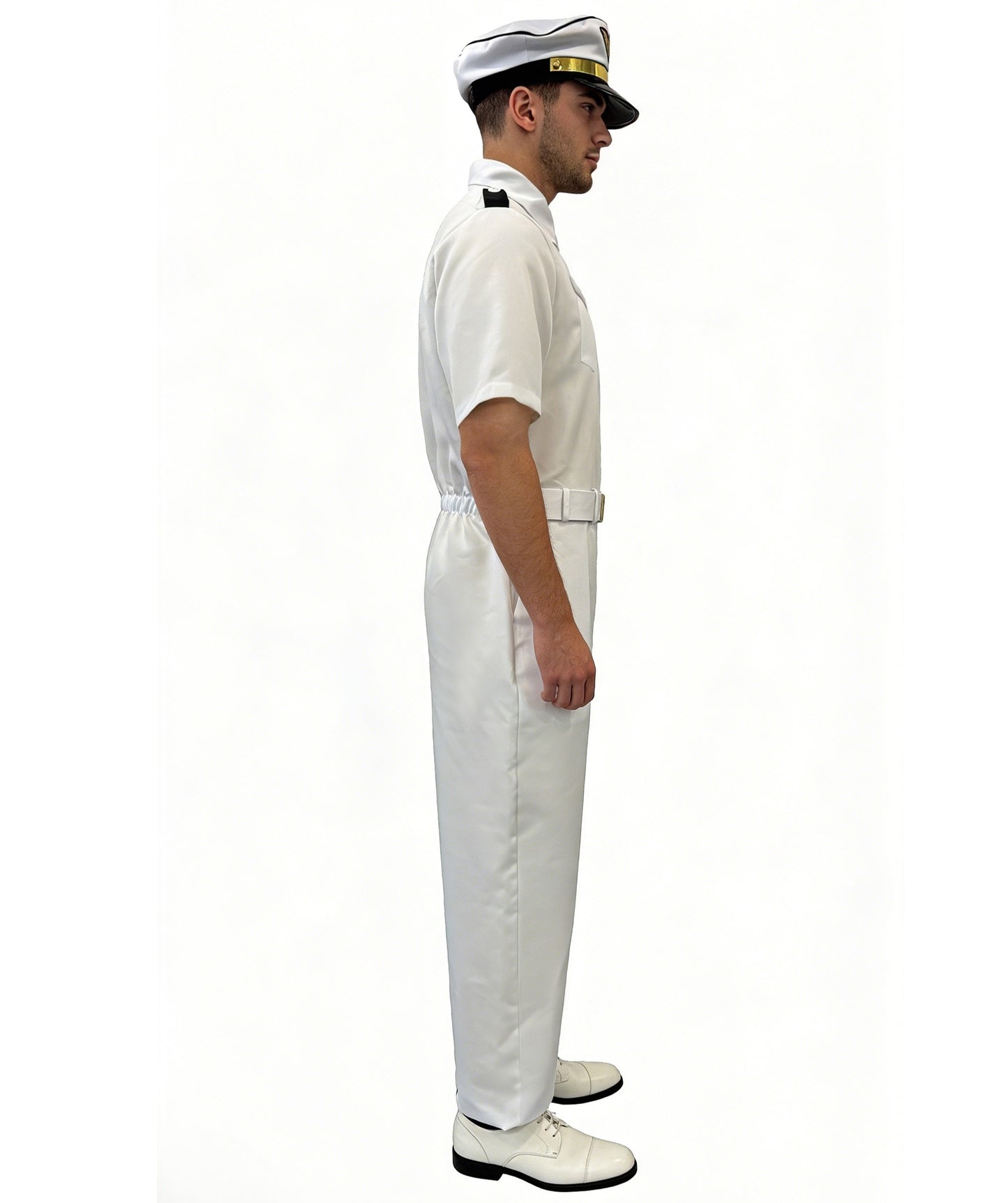 HPO Men's White Captain Costume | Crisp white ronior construction featuring a uniform jumpsuit, belt, and matching hat | Ideal for party, Halloween, cosplay, theater, drag, performance, costume events