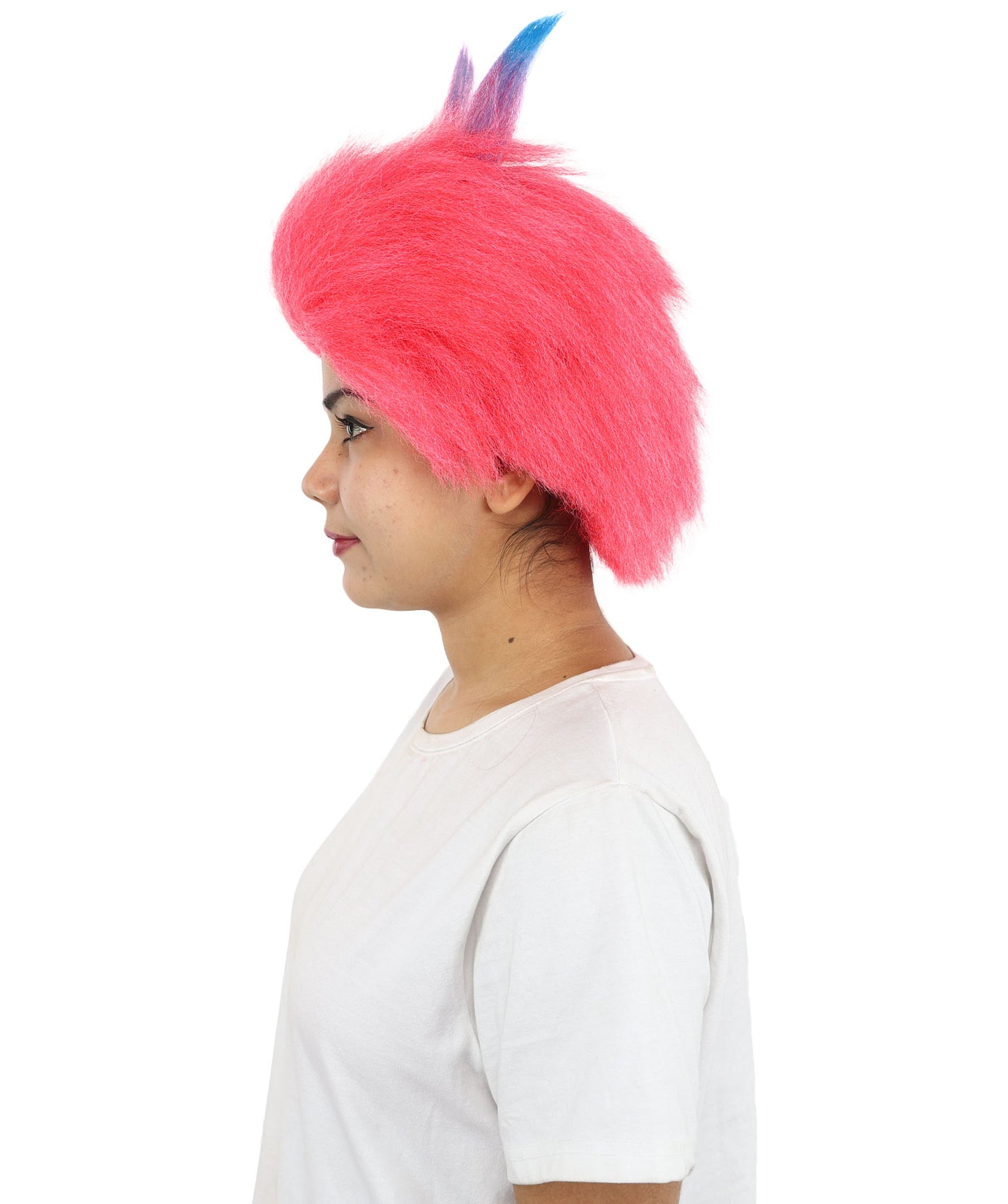 HPO Women Pink Movie Character Wig with Blue Horns | Bright Fantasy Synthtic Hairpiece | Ideal for Halloween, Cosplay, Stag Party