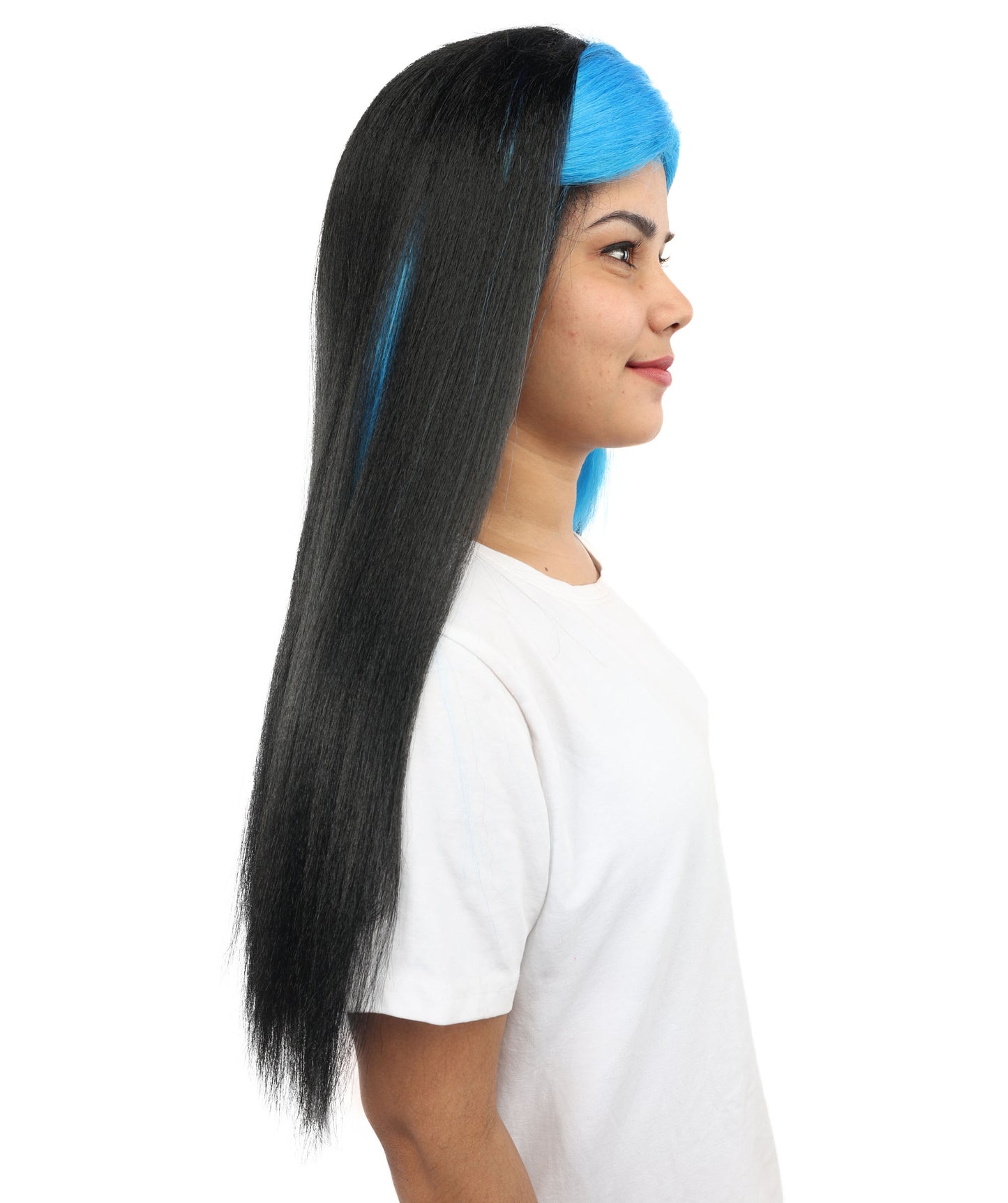 HPO Women’s Black & Royal Blue Long Marji-Inspired Wig with Soft Front Bangs | Art School Cosplay Wig | Breathable Synthetic Fiber for Halloween & Costume