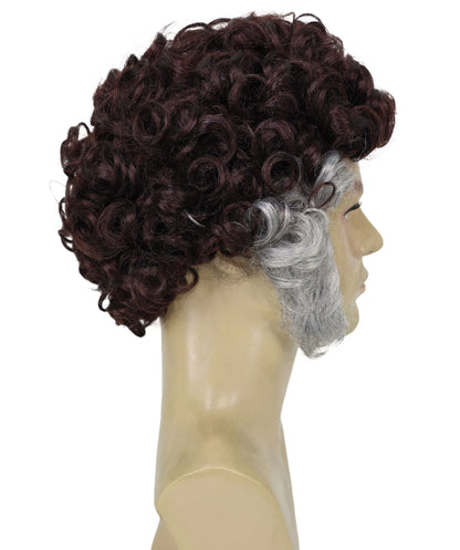 HPO Men’s Brown Curly Retro Wig Set with Grey Sideburns | Funny Pastor Cosplay Hair for Halloween, Cons & Comedy Dress-Up Parties | Capless Cap Design
