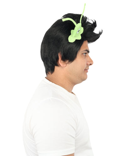 HPO Men's Brain Slug Orange Wig | Medium Spiked Synthetic Hair with Attached Green Alien Plush and Messy Texture | Sci-Fi Cosplay, Halloween, Cartoon Theme Party, and Funny Costume Accessories