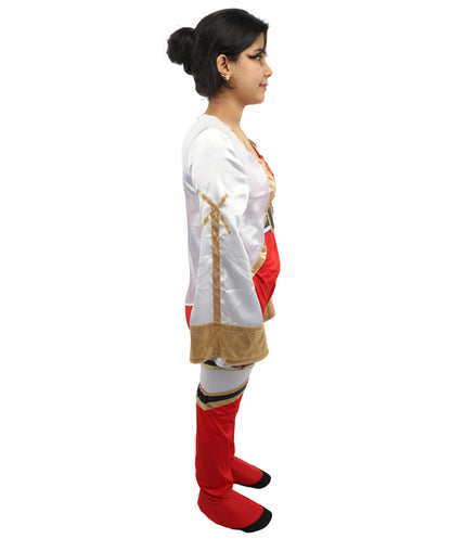 HPO Women's Anime Warrior Fashion Suit | Vibrant red and white jersey satin construction featuring a body, pant, koti, and leg socks | Ideal for party, Halloween, cosplay, theater, drag, performance, costume events
