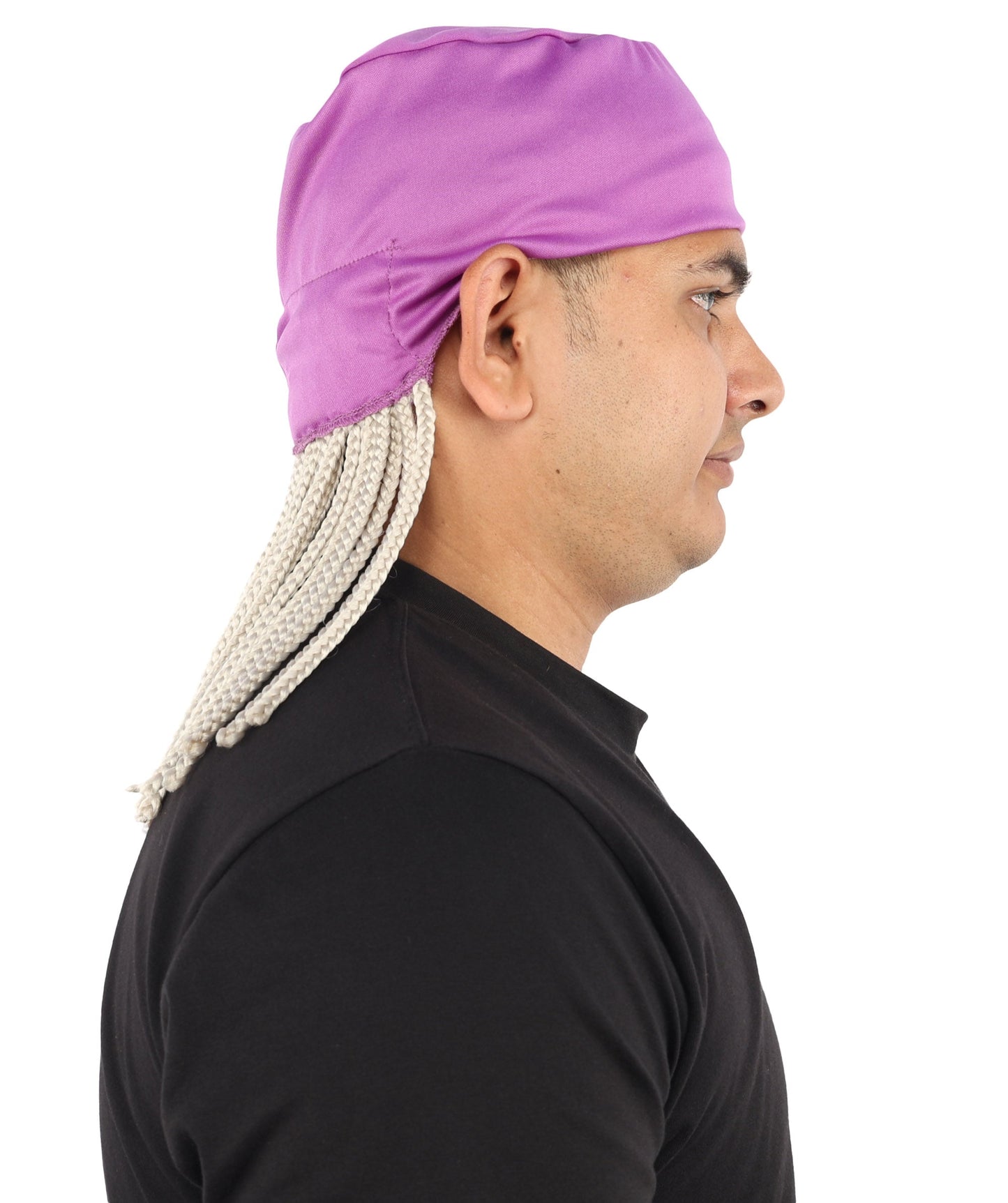 Men’s Movie Character Inspired Black Braided Wig with Purple Head Wrap Hat | Flame-retardant Synthetic Fiber | Ideal Hairpiece for Cosplay & Halloween