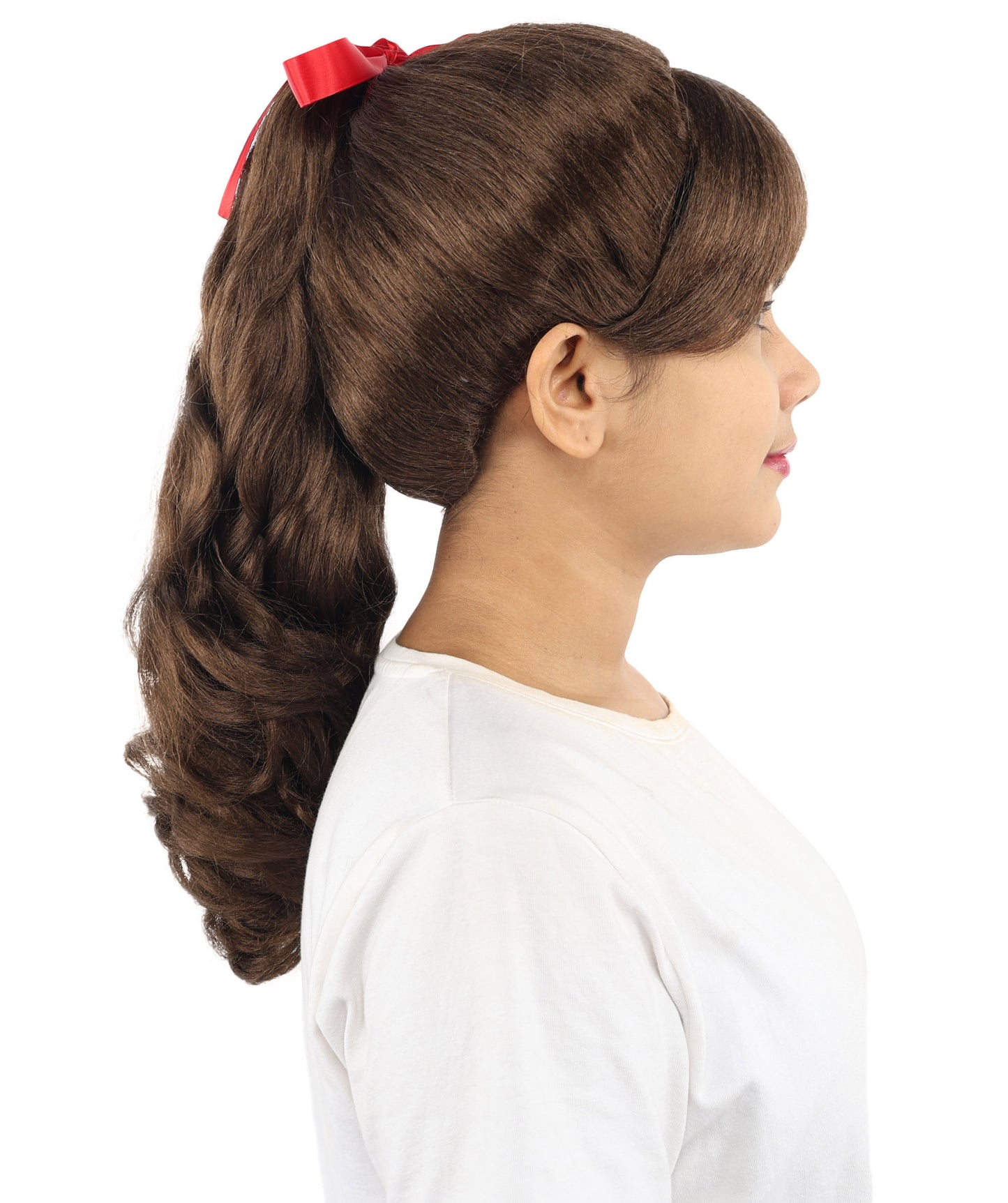 HPO Women's Spiral Ponytail Wig | Multicolor Options | High Updo with Red Ribbon Bow & Bangs, Heat Friendly Synthetic Fiber & Breathable Cap | Halloween, Christmas Event, Themed Party, Theater & Roleplay