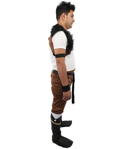HPO Men's Anime Beast Fighter Suit | Brown and black fur ronior jersey construction featuring a curi, dress, belt, and leg socks | Ideal for party, Halloween, cosplay, theater, drag, performance, costume events