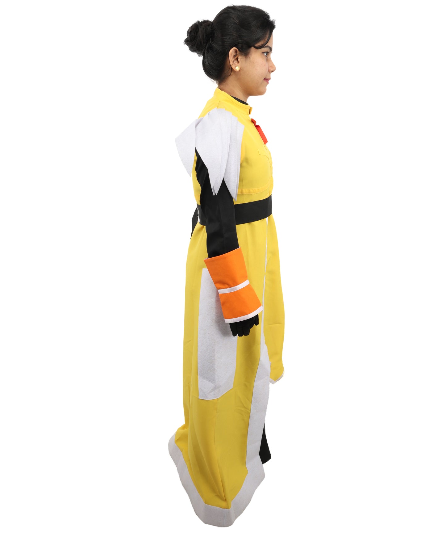 HPO Fantasy Warrior Dress Suit | Yellow and black uniform nw construction featuring a main body dress, hand gloves, and structured belt | Ideal for party, Halloween, cosplay, theater, drag, performance, costume events