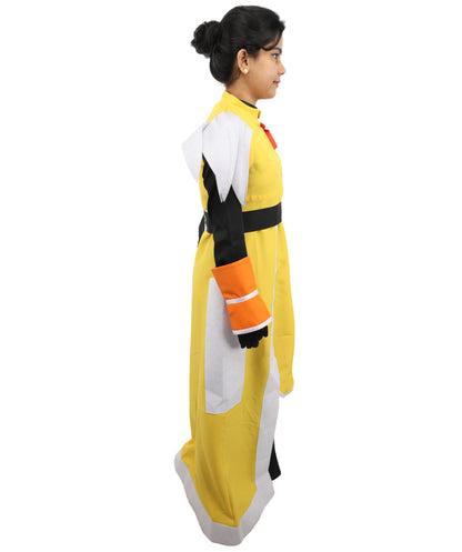 HPO Fantasy Warrior Dress Suit | Yellow and black uniform nw construction featuring a main body dress, hand gloves, and structured belt | Ideal for party, Halloween, cosplay, theater, drag, performance, costume events