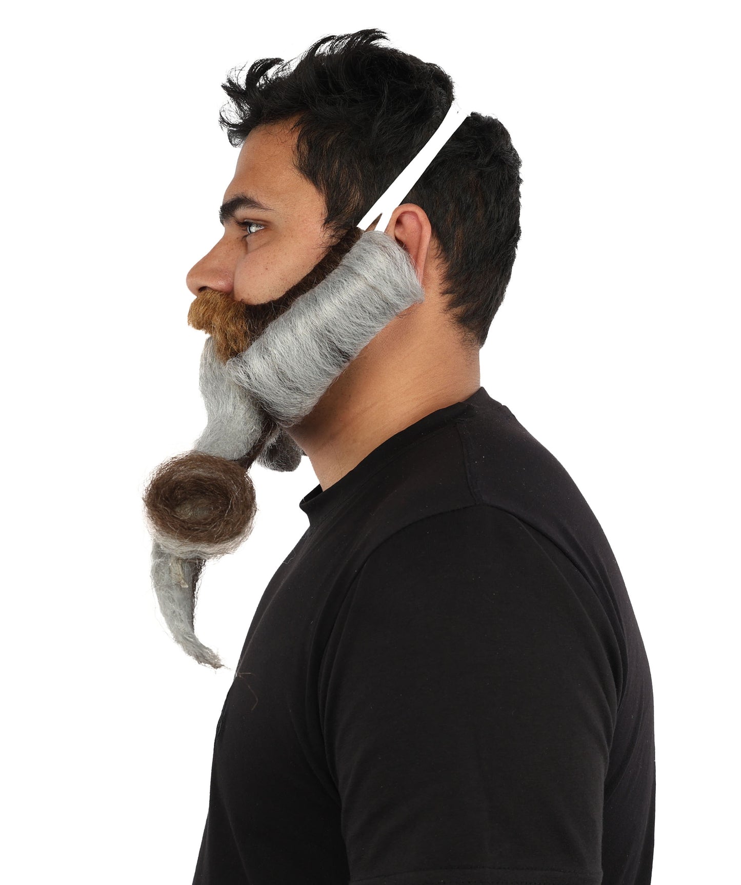 HPO Men's Classic Grey Handlebar Beard & Moustache with Long Curled Ends | Lightweight Fake Facial Hair | Synthetic Fiber Costume Facial Hair