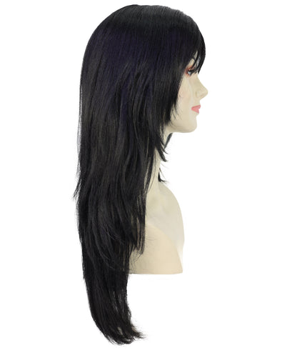 HPO Adult Womens Sleek Black Wig with Layered Cut & Wispy Bangs | Celebrity Inspired Long Hair Look | Ideal for Halloween | Breathable Cap