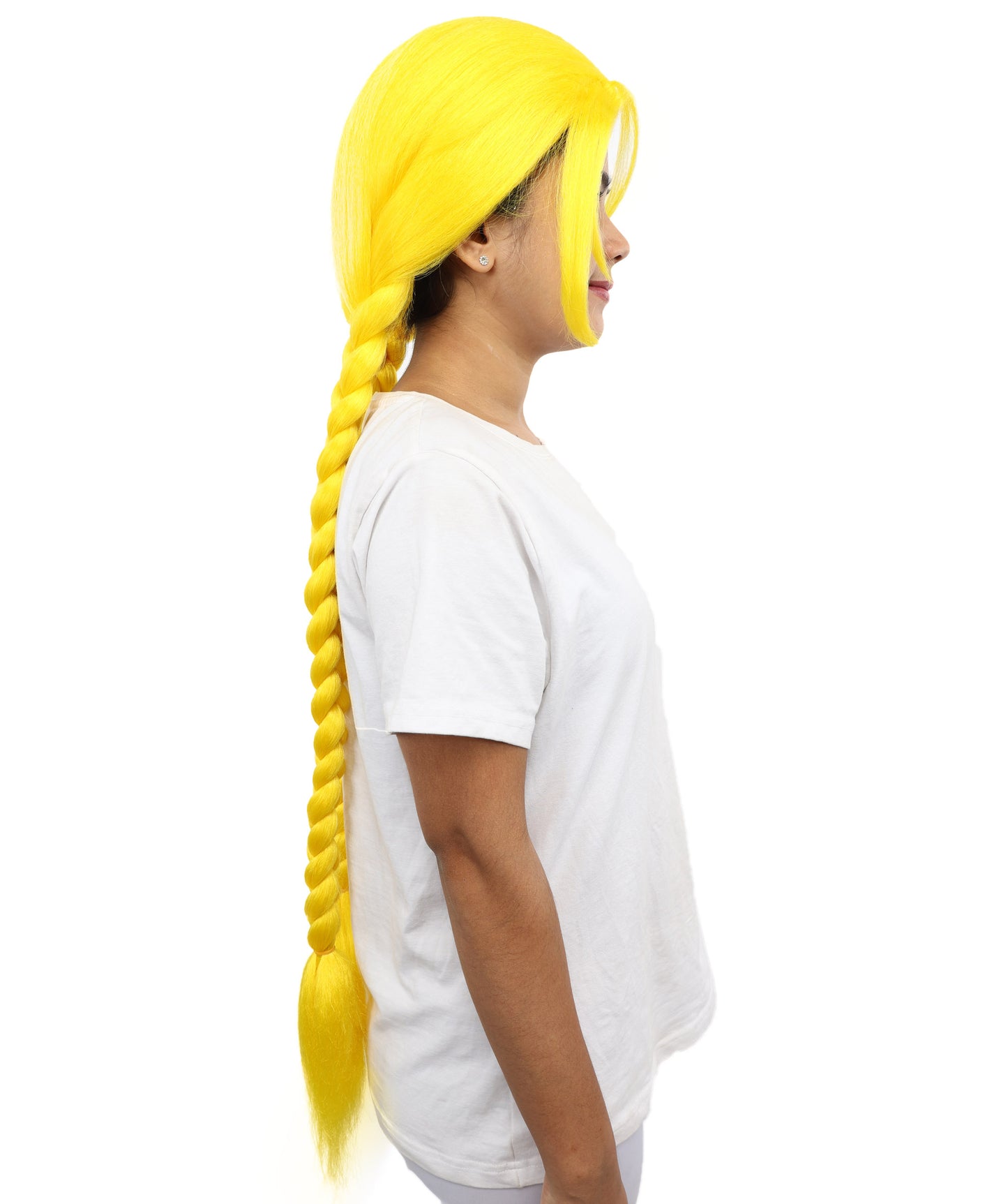 HPO Women’s Long Braid Synthetic Yellow Wig with Bangs | Sleek Cosplay Hairpiece with Comfortable Breathable Cap | Perfect for Halloween, Parties & Roleplay