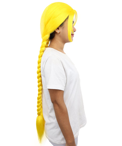 HPO Women’s Long Braid Synthetic Yellow Wig with Bangs | Sleek Cosplay Hairpiece with Comfortable Breathable Cap | Perfect for Halloween, Parties & Roleplay