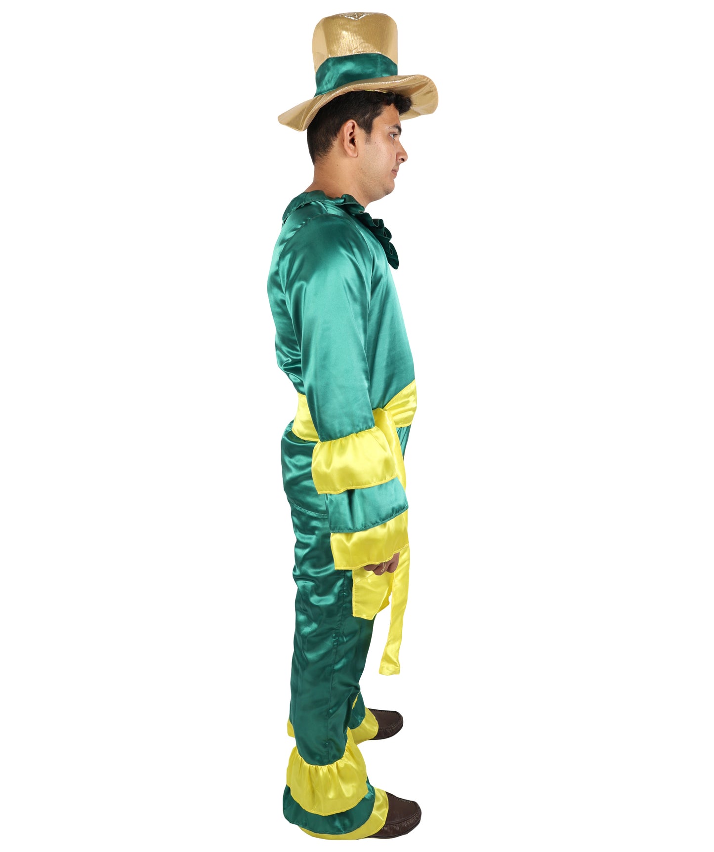 HPO Men's Rumba Dancer Costume | Vibrant Green and Yellow Tiered Ruffle Tunic Flared Jumpsuit Matching Straw Hat | Halloween Cosplay Theater Drag Performance Costume Events