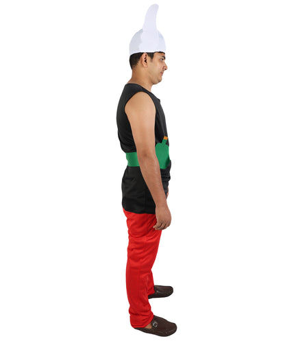 HPO Men's Gaulish Warrior Multicolor Costume | Sleeveless Black Vest Top Bright Red Trousers Winged Helmet Novelty | Halloween Cosplay Theater Drag Performance Costume Events
