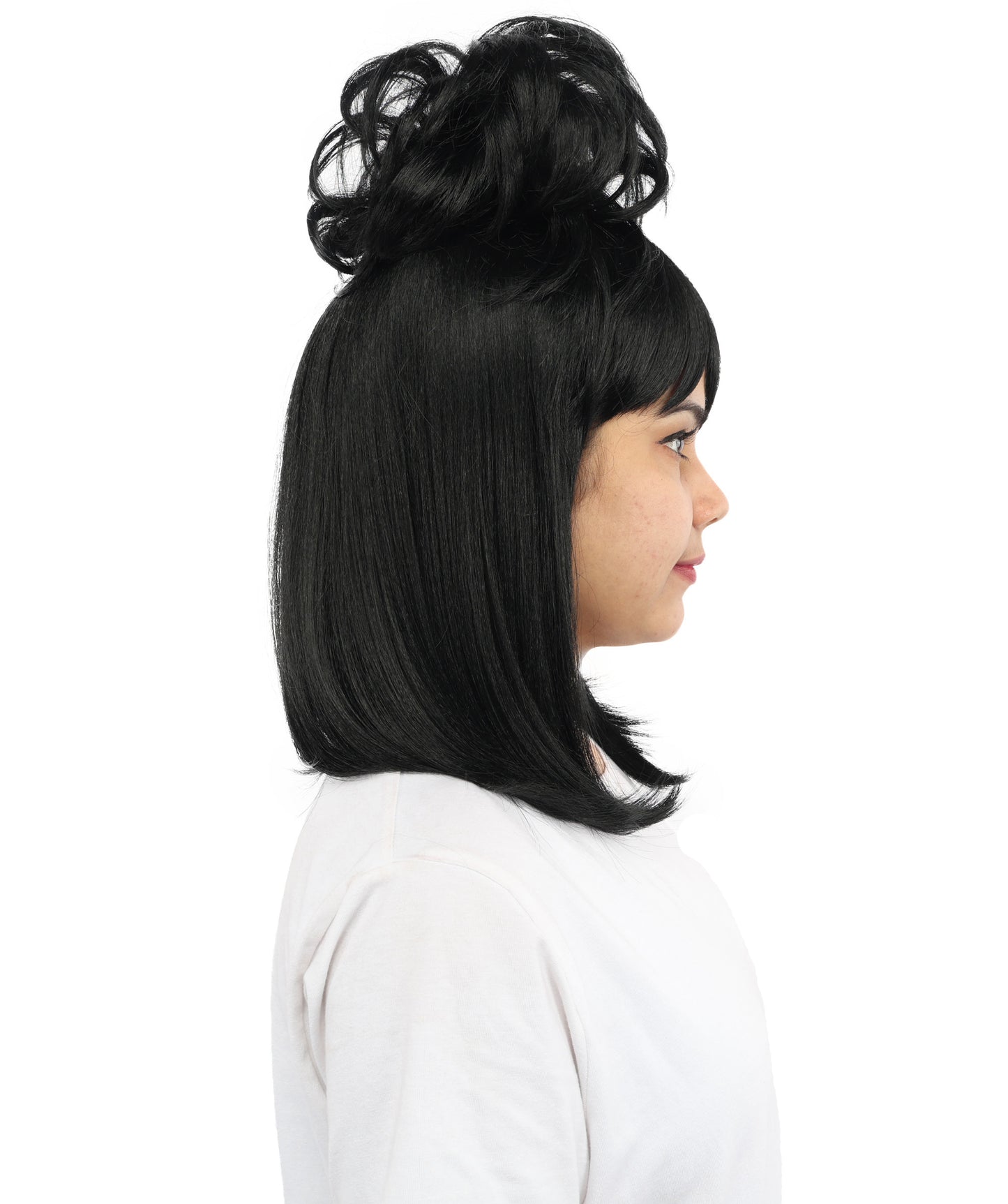 HPO Women's Retro Beehive Updo Wig | Black Hair Style with Straight Bangs | Ideal for Theme Events, Fancy Dress Wear & Party Performances
