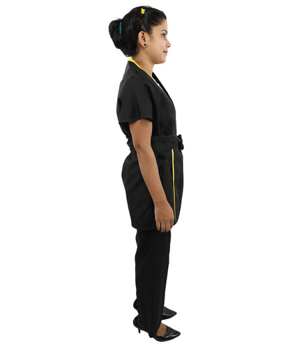 HPO Women’s Black Martial Arts Costume – Sleeveless Top, Belt & Trousers Outfit Set  | Theme Party & Cosplay Presentation Wear