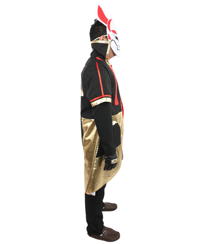 HPO Men's Neon Fox Streetwear Outfit | Multi-Layered Gold Satin and Ronior Fabric with Fox Mask and Gloves | Ideal for Cosplay, Halloween, Drag, and Urban Theater Performances