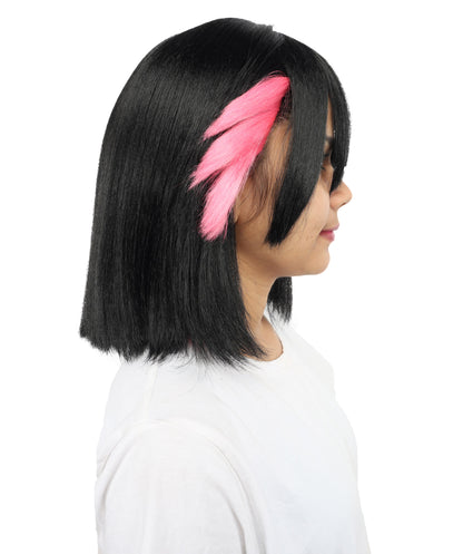 HPO Women's Medium Black & Soft Pink Anime Wig with Red Accents | Straight Cut Synthetic Hairpiece | Adjustable Cap for Halloween, Stage, Roleplay & Parties