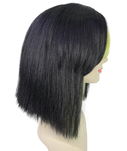Women's Short Straight Black With Green Mixed Wig | Synthetic Costume Hairpiece with Breathable Capless Cap for Parties
