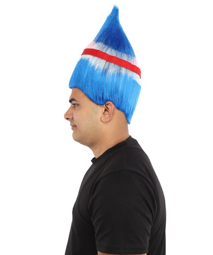 HPO Unisex Cabo Verde Sports Troll Wig – Spiky Fan Wig in National Colors for Patriotic Events and Football Matches | Synthetic Fiber Headpiece with Capless Cap