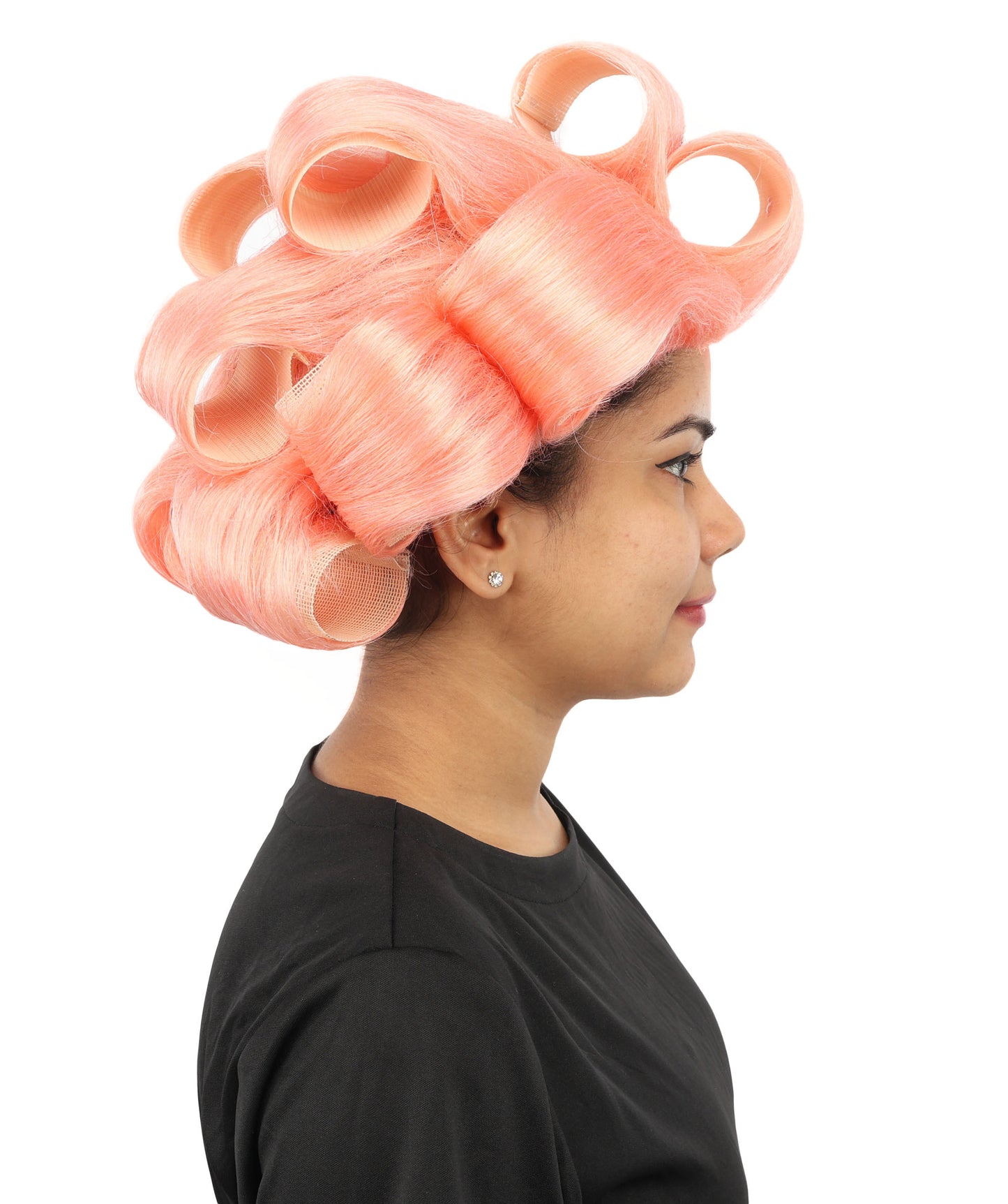 HPO Women's Retro Roller Set Pink Wig | Pastel peach tone, create of synthetic fiber, large cylindrical curler texture, capless cap | Party, Halloween, theater, drag, performance, costume events