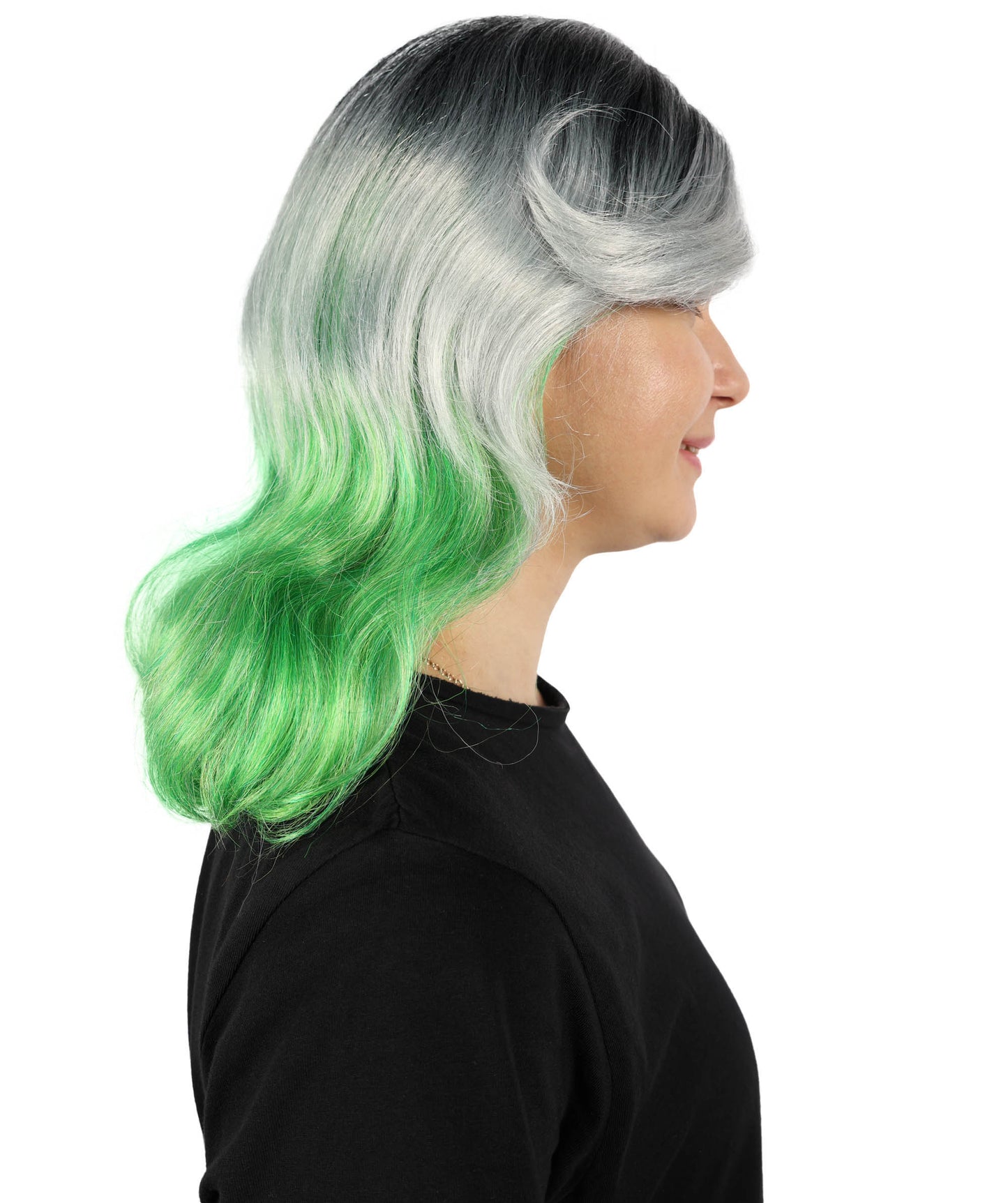HPO Women’s Ombre Grey & Green Short Wavy Bob Wig with Bangs | Synthetic Fashion Wig | Daily Wear, Cosplay, or Costume Use
