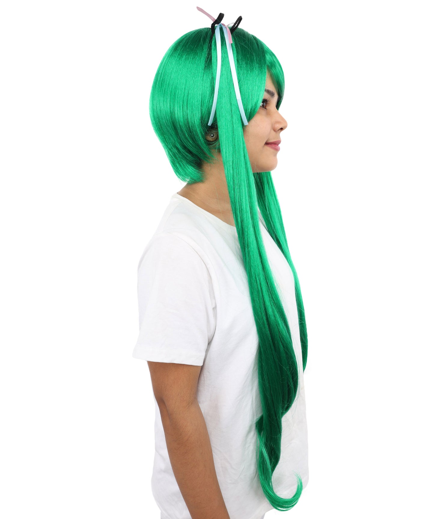 HPO Adult Women's Anime Wig with Long Ponytails | Vibrant Teal Synthetic Cosplay Hairpiece | Adjustable Breathable Cap for Halloween, Parties & Stage