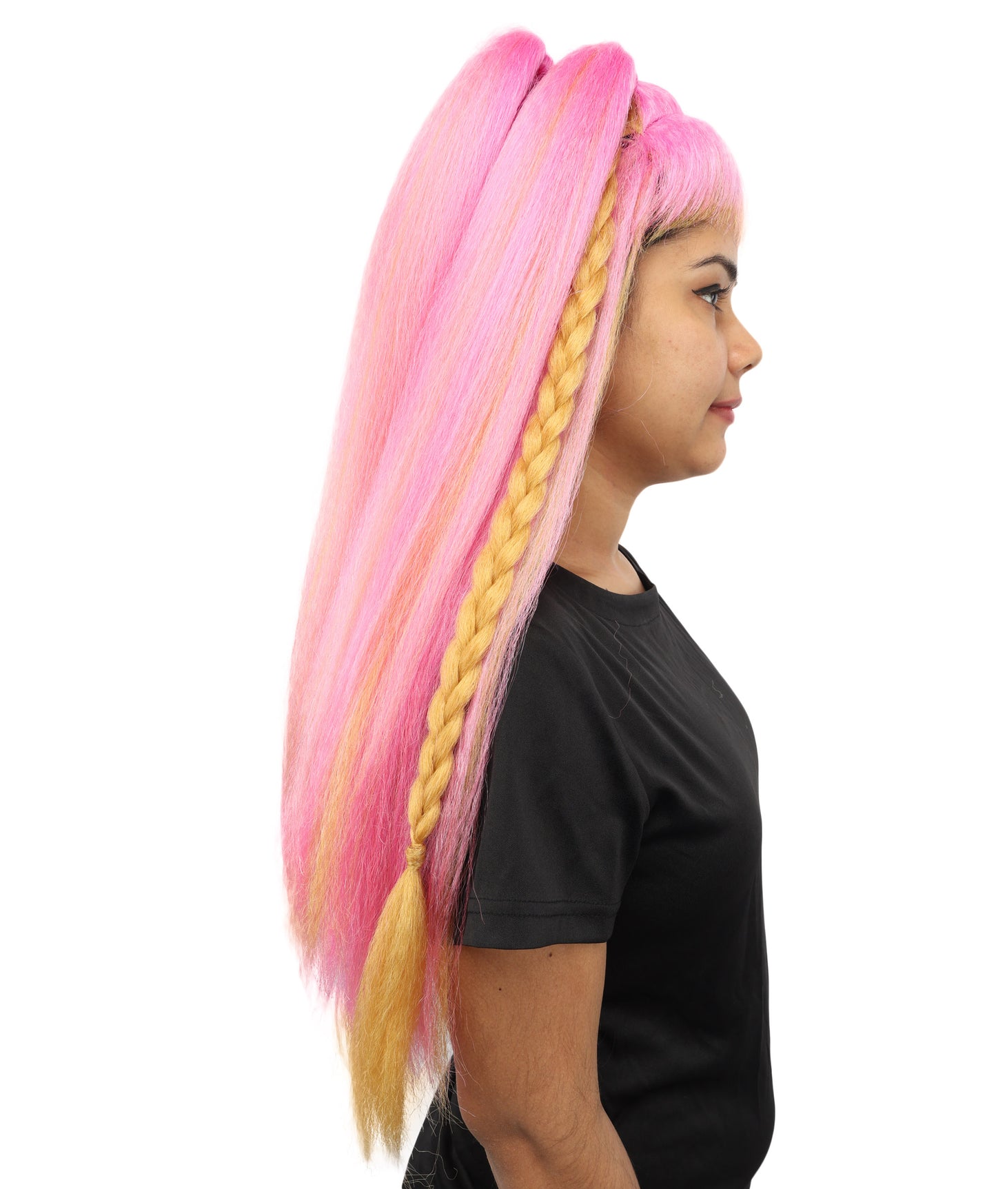 HPO Women's Pastel Candy Fantasy Wig | Pink and yellow gradient hues, create of synthetic fiber, long crimped texture with blunt bangs, breathable base | Party, Halloween, theater, drag, performance, costume events