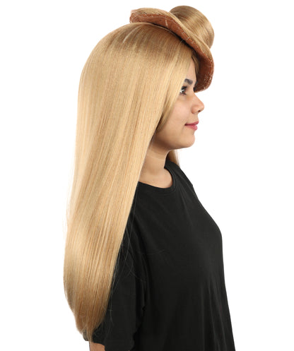 HPO Women's Sculpted Pillbox Hat Wig | Dark honey blonde hue, create of synthetic fiber, integrated 23-inch smooth straight volume with coiled fascinator texture, breathable base | Party, Halloween, theater, drag, performance, costume events