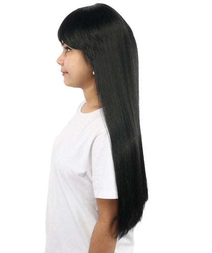 HPO Women's Sleek Straight Wig | 27 Inch Black Texture Face Framing Bangs Heat Friendly Fiber | Party Halloween Cosplay Theater Drag Performance Costume Events