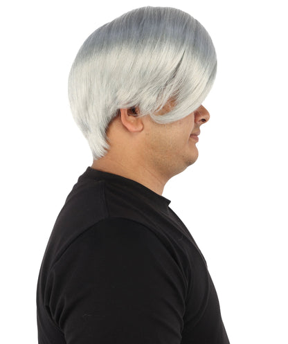 HPO Adult Men's Short Black Side Swept Wig | Thick Layered Bangs with Natural Texture,  Adjustable Cap | Halloween, Themed Party, Stage Performance & Roleplay