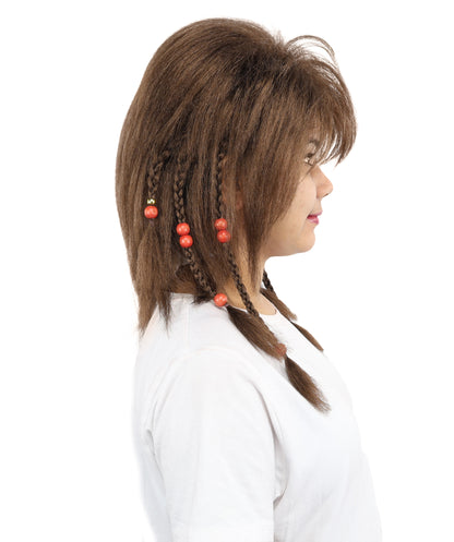 HPO Women's Long Tribal Braided Brown Wig | Dark Shaggy Bob with Beaded Strands, Synthetic Fiber & Breathable Cap | Halloween, Sci-Fi Roleplay, Fantasy Costume