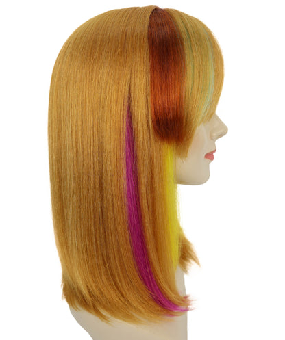 HPO Adult Women’s Vibrant Rainbow Fringe Wig | Bob with Colorful Streaks for Fashion | Breathable Capless Cap