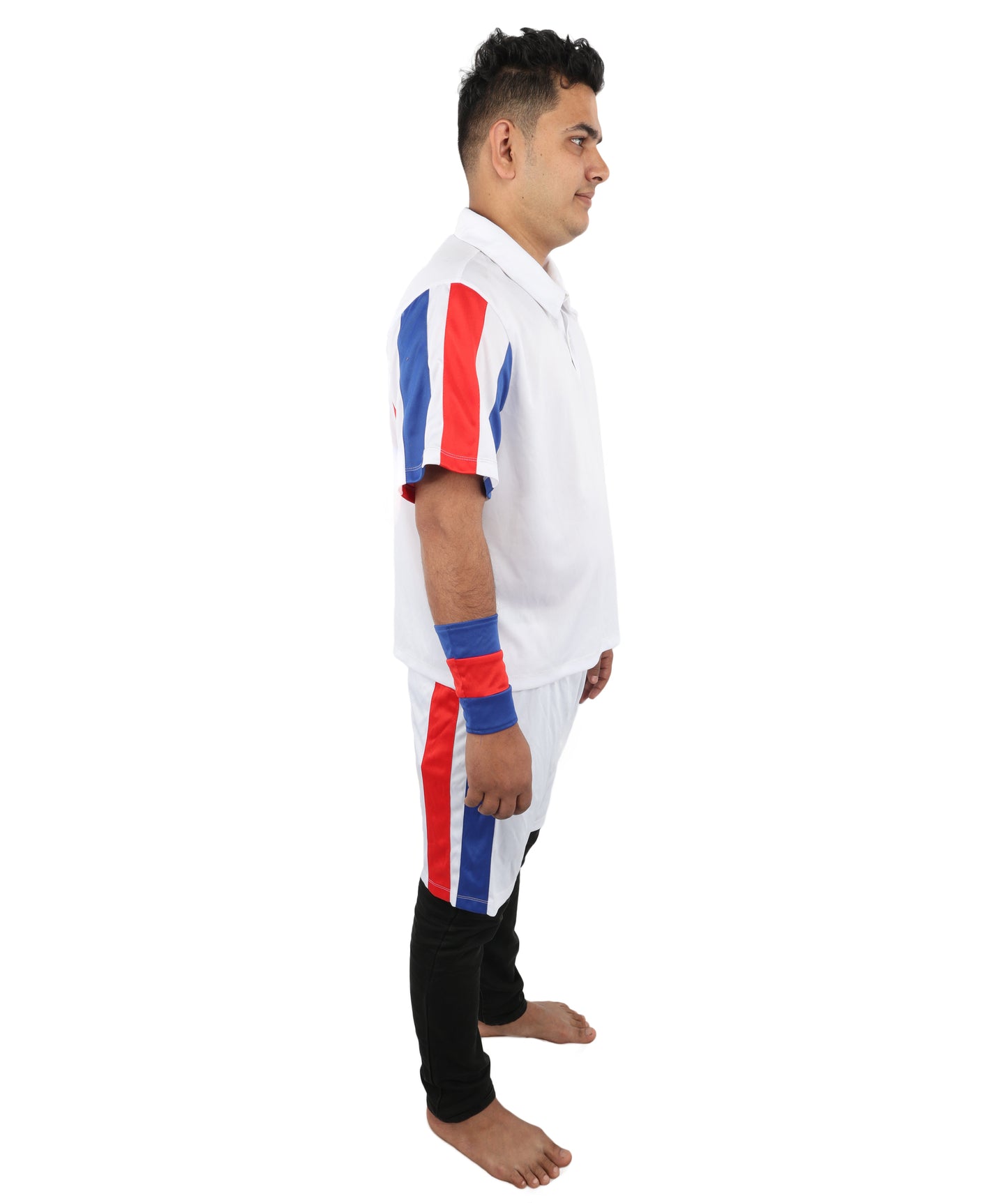 HPO Men's Retro Court Athlete Costume | White Polo and Shorts Set with Striped Accents | Ideal for Halloween, Theater, Drag, and 80s Sports Events