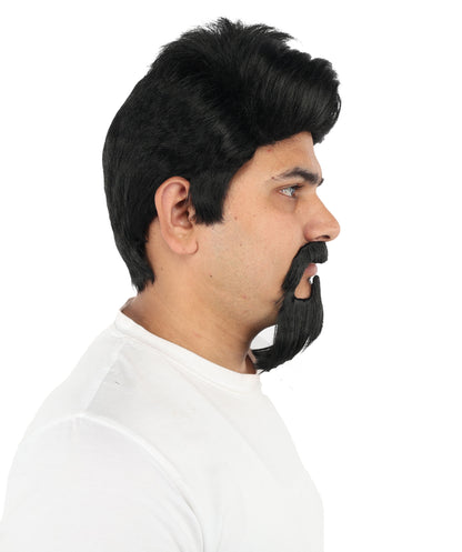HPO Men's Black Wig with Goatee Beard & Mustache | Stylish Men’s Hair with Beards Look | Suitable for Cosplay, Costume Parties, Stage Performances & Events
