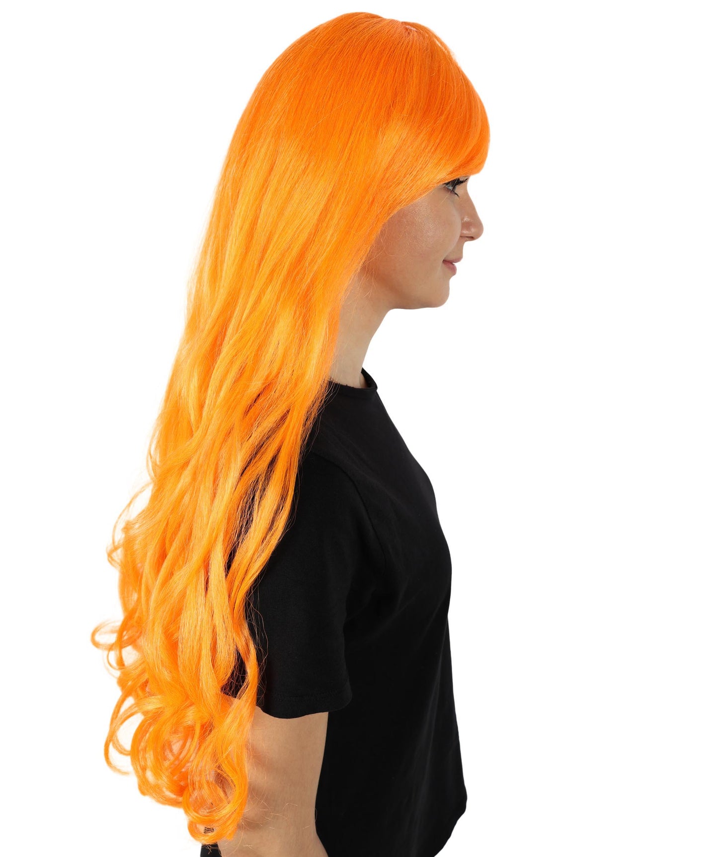 HPO Women's Multicolor Long Curly Wig with Fringe, Flame-retardant Synthetic Fiber